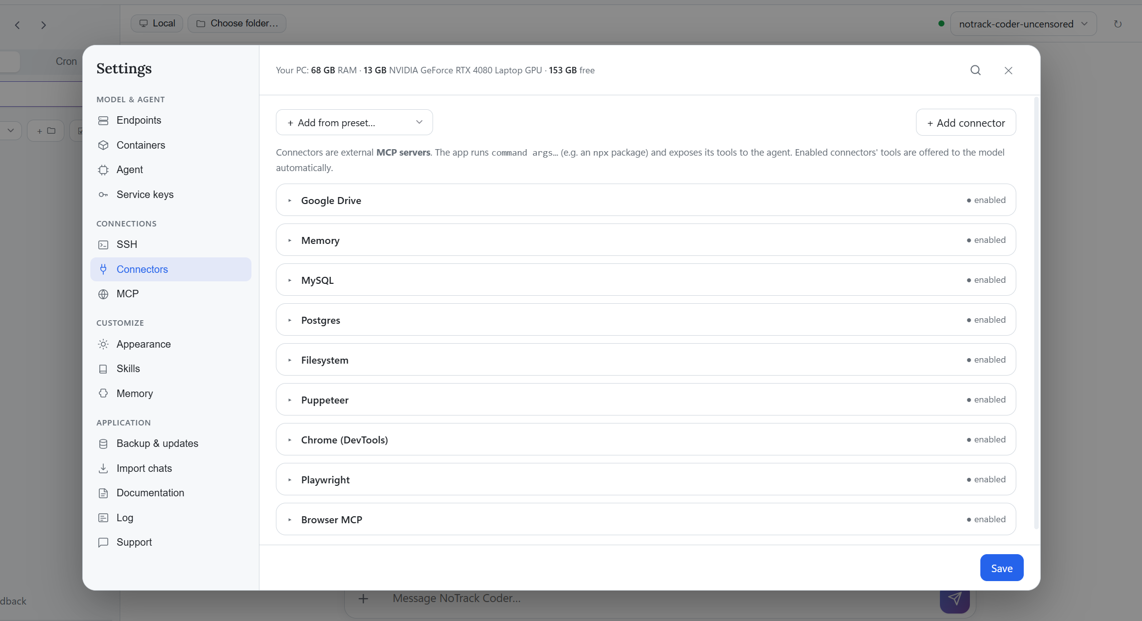 Reference external-tool connector settings. Model endpoints are configured separately; available tools depend on your setup.